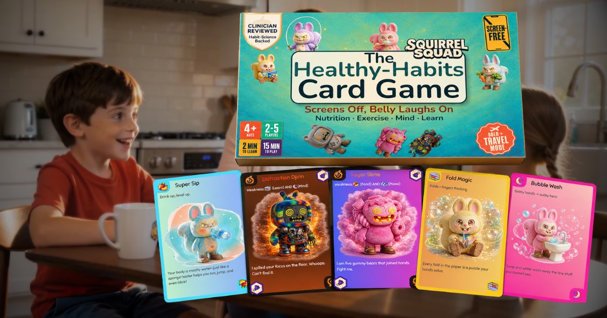 Squirrel Squad — kitchen scene with the box and 5 cards